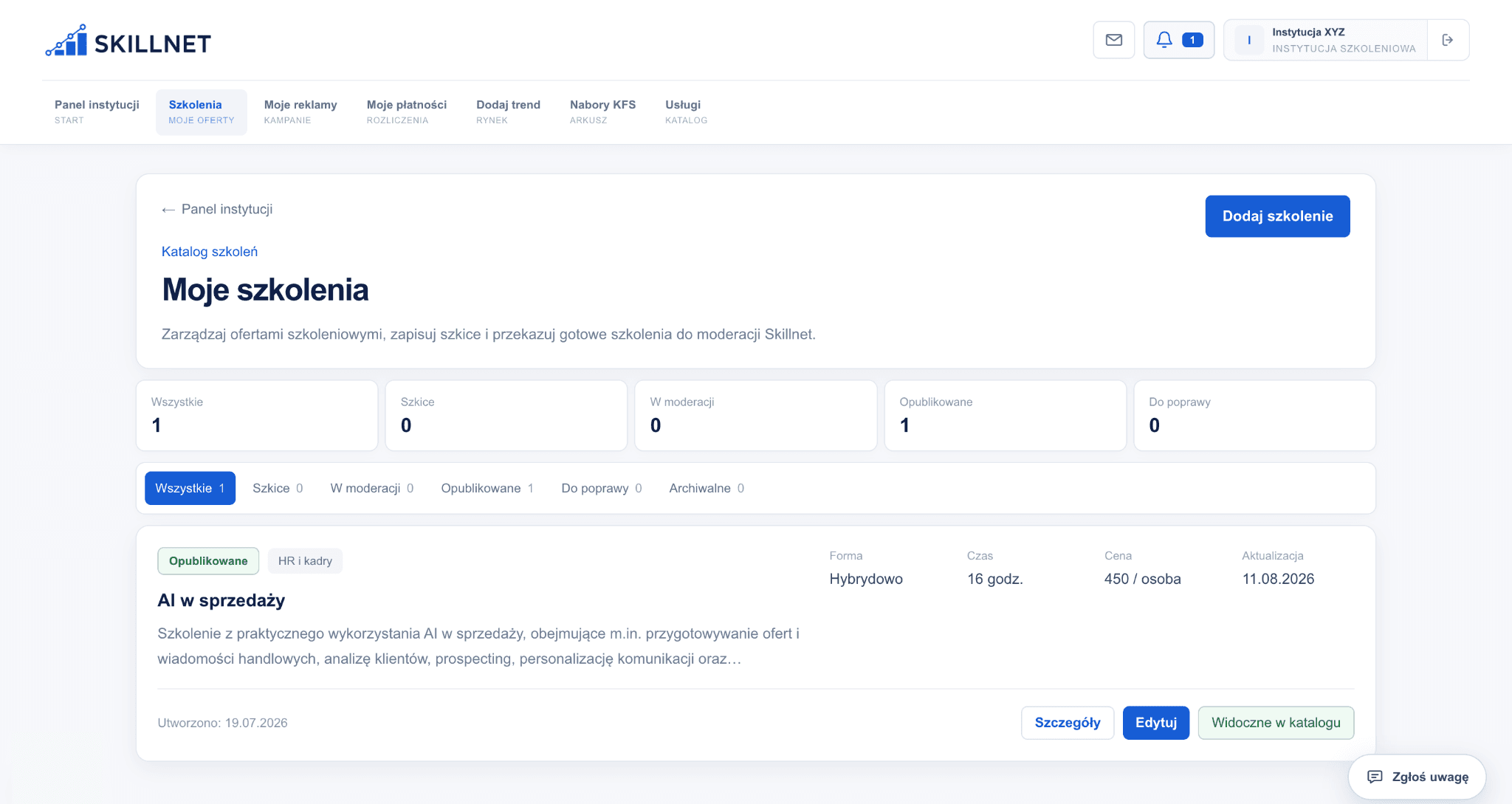 Lista szkoleń instytucji wraz ze statusami publikacji w Skillnet